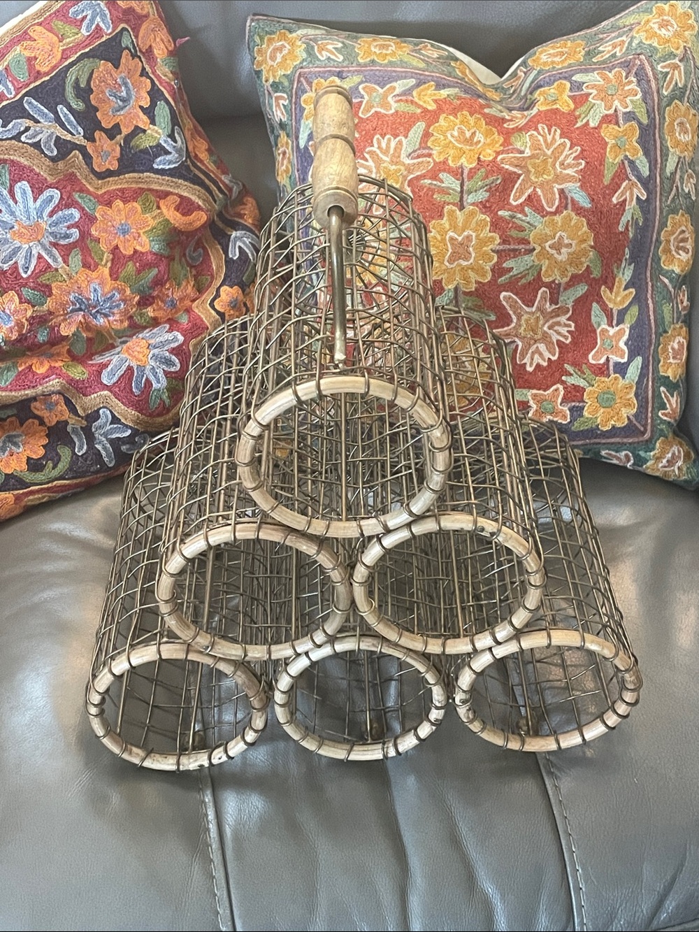 Vintage Bamboo and Copper Wire Wine Rack with  Wood Handle, made in Italy